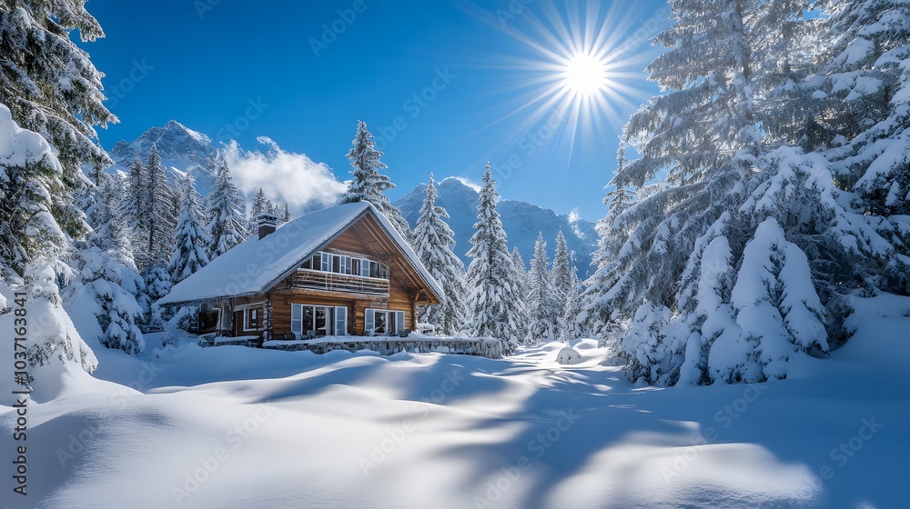 188. A cozy mountain lodge surrounded by snow-covered trees, with a bright sun shining overhead 188. A cozy mountain lodge surrounded by snow-covered trees, with a bright sun shining overhead