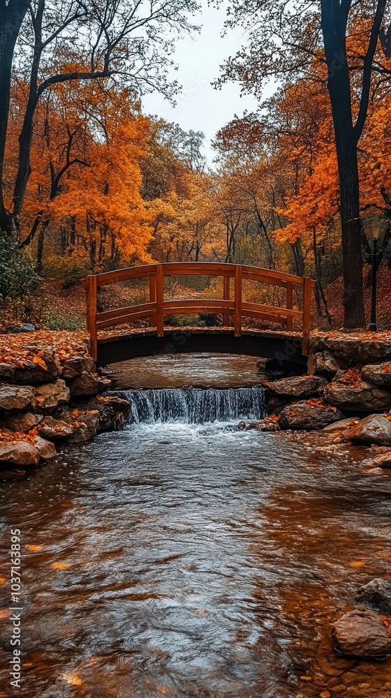 Autumn Forest Stream with Wooden Bridge Photo Autumn Forest Stream with Wooden Bridge Photo