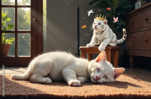 A cute kitten sleeps in the house on a rug in the sun and dreams of becoming a strong and beautiful lion, tiger, panther, catching fish, mice and birds photo