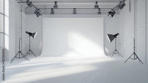 Empty professional photography studio with white backdrop, spotlights, and lighting equipment set up for a photo shoot. Clean, minimalist space ready for creative work.