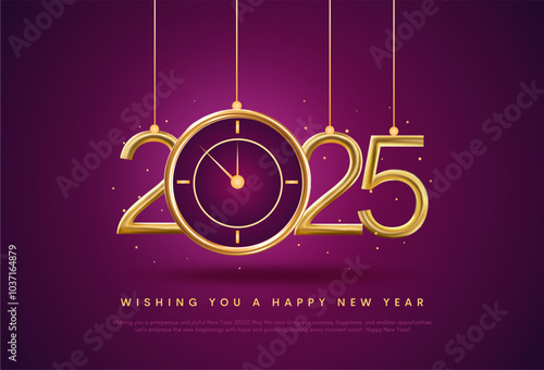 Happy New Year 2025 Shiny background with clock and confetti vector Happy New Year 2025 text design. New year 2025 vector design with realistic 3D numbers.