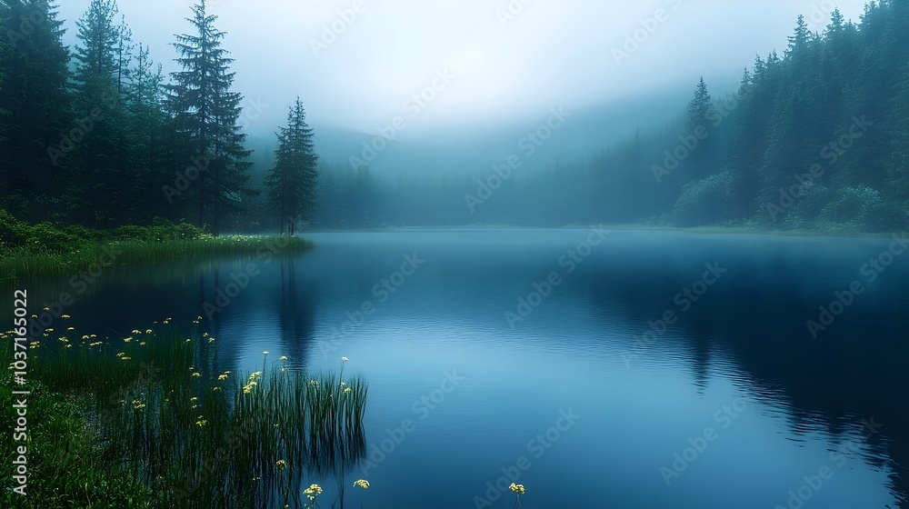 A tranquil lake surrounded by misty forests, capturing the serene beauty of nature with calm waters reflecting the soft hues of dawn. A tranquil lake surrounded by misty forests, capturing the serene beauty of nature with calm waters reflecting the soft hues of dawn.