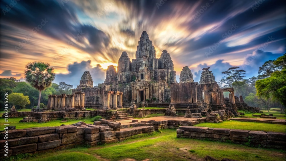 Obraz premium Captivating Long Exposure of Bayon Temple Faces in Angkor Thom, Cambodia - Ancient Architecture and Mystical Atmosphere