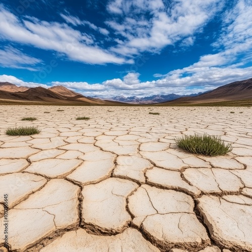 A vast dry landscape with cracked earth and sparse green grass under a blue sky.