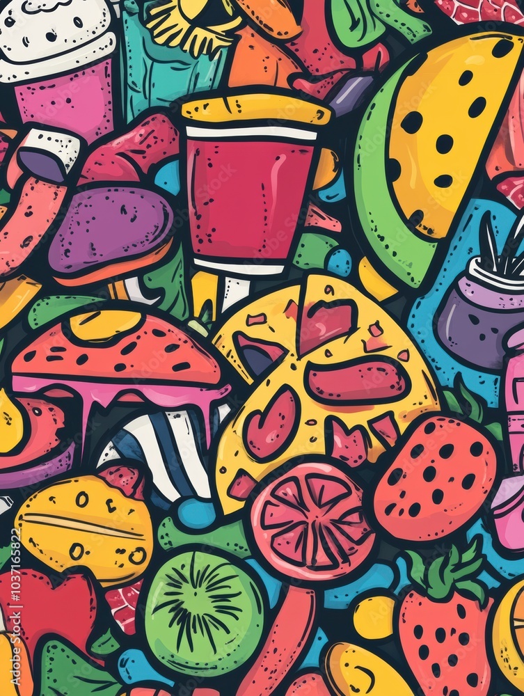 Obraz premium This vibrant artwork features fun doodles of an array of foods such as pizza, ice cream, fruits, and colorful beverages. Generative AI