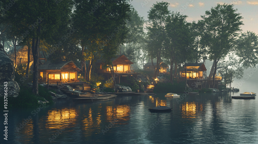 Obraz premium A secluded island retreat with cozy cabins nestled among the trees.