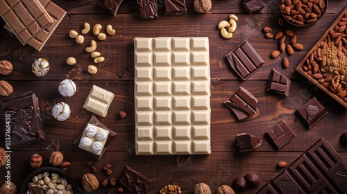 Chocolate Bars and Nuts on Wooden Table