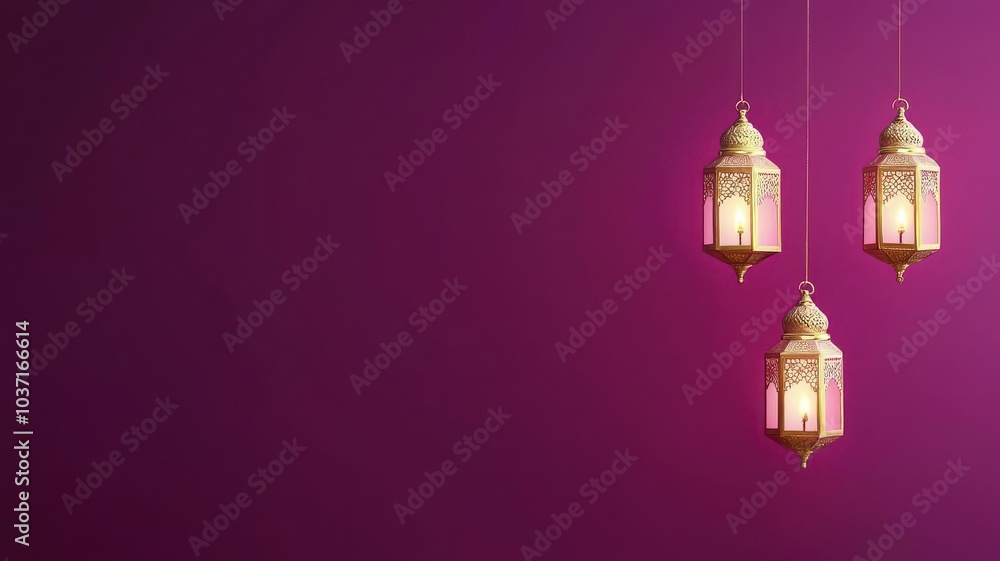 Elegant hanging lanterns glow against a rich purple background, creating a warm and inviting ambiance. Elegant hanging lanterns glow against a rich purple background, creating a warm and inviting ambiance.