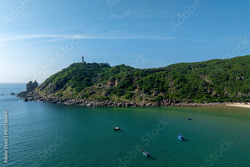 June 20, 2024: Panoramic view of Mui Dien lighthouse, the place to welcome the earliest sunrise in Vietnam, in Phu Yen province photo