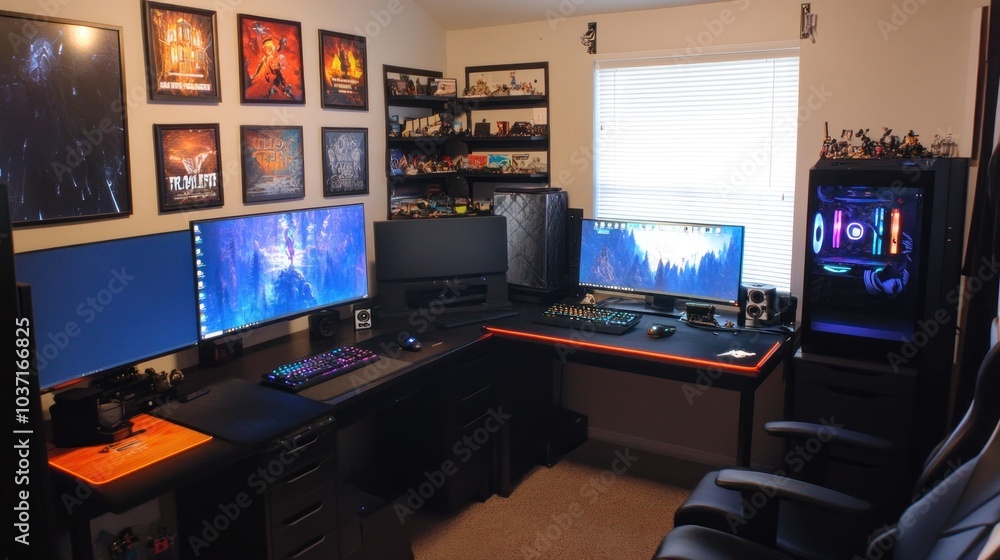 A modern gaming and work setup featuring multiple monitors and a sleek design. A modern gaming and work setup featuring multiple monitors and a sleek design.