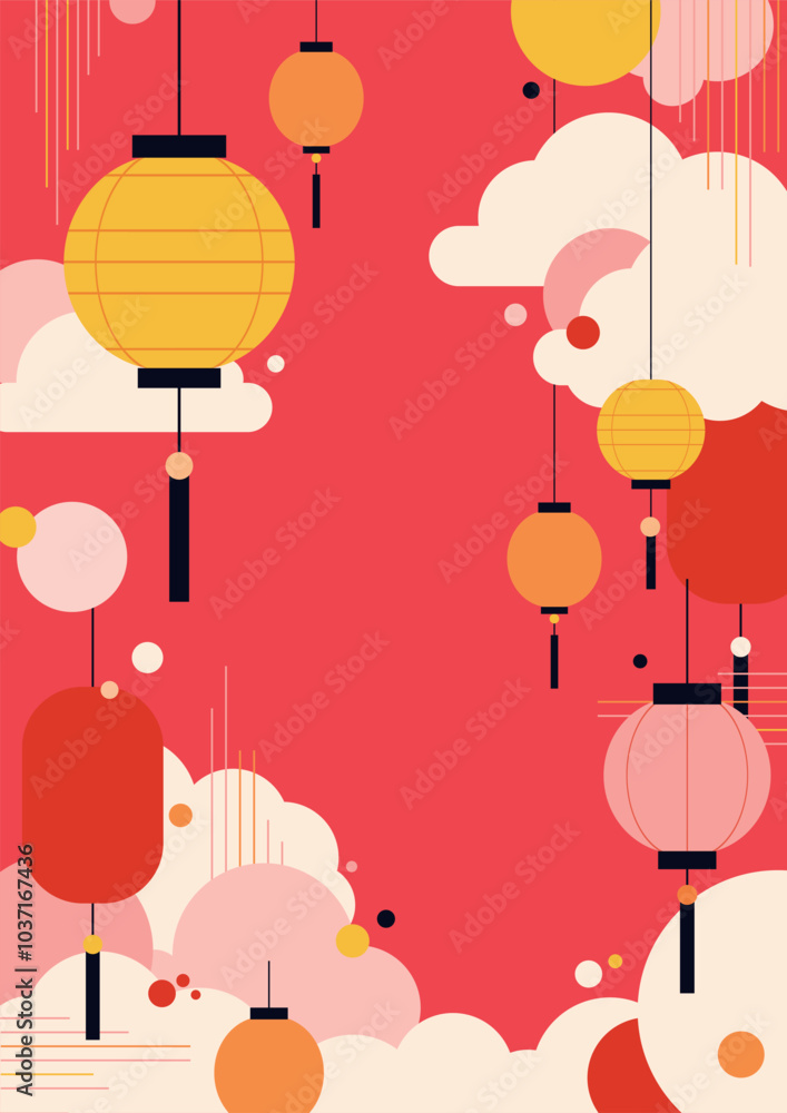 Chinese New Year Poster with Lanterns and Floating Clouds Chinese New Year Poster with Lanterns and Floating Clouds