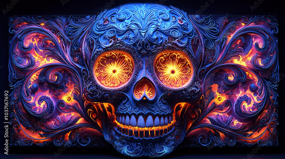 Burning Skull: A vibrant, detailed skull with glowing eyes, encircled by intricate flames. The skull is rendered in shades of blue and purple, while the flames are a mix of orange and yellow. Burning Skull: A vibrant, detailed skull with glowing eyes, encircled by intricate flames. The skull is rendered in shades of blue and purple, while the flames are a mix of orange and yellow.