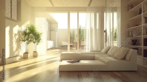 A bright, modern living room with large windows and minimalist furniture.