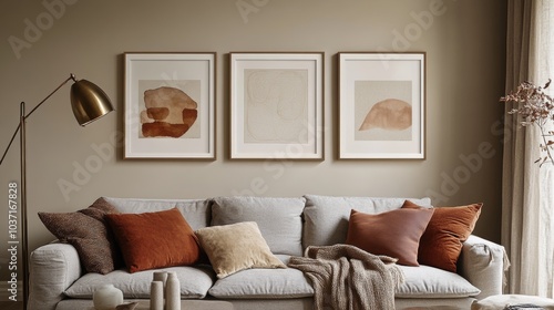 A modern living room mixes varied textures and tones of autumn with abstract art for a cozy and stylish appeal. photo