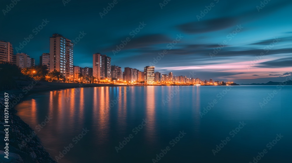 206. A stunning panoramic view of a coastal city skyline at twilight, with lights reflecting on the water 206. A stunning panoramic view of a coastal city skyline at twilight, with lights reflecting on the water
