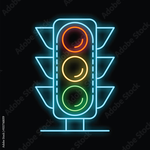 Neon traffic light shining on black background, concept of night traffic in the city