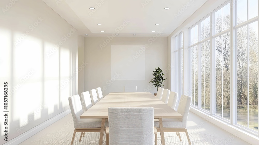 Fototapeta premium The corporate sustainability initiative boardroom features a vibrant neutral design with eco-friendly materials, creating an inspiring space for innovative discussions and decisions.