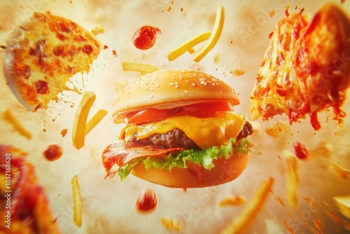 This vibrant artwork showcases stylized fast food icons, including burgers, pizza, and fries, creating an energetic and colorful atmosphere. Generative AI photo