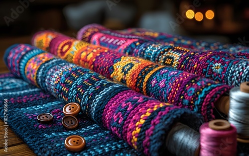 Colorful handwoven tapestries with intricate patterns and yarn spools photo