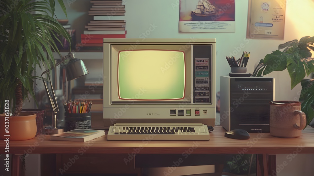 A realistic rendering of a 90s desktop computer setup with vintage icons displayed on the screen and modern accessories around A realistic rendering of a 90s desktop computer setup with vintage icons displayed on the screen and modern accessories around