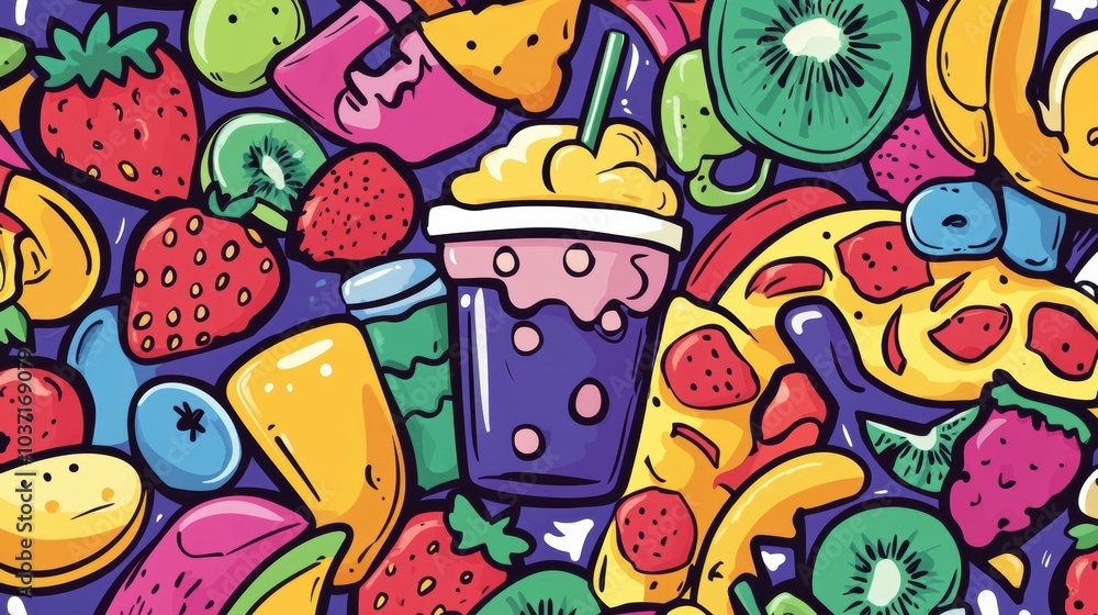Fototapeta premium This artwork showcases playful doodles of delicious foods including pizza, ice cream, fruits, and colorful beverages in a vivid composition. Generative AI