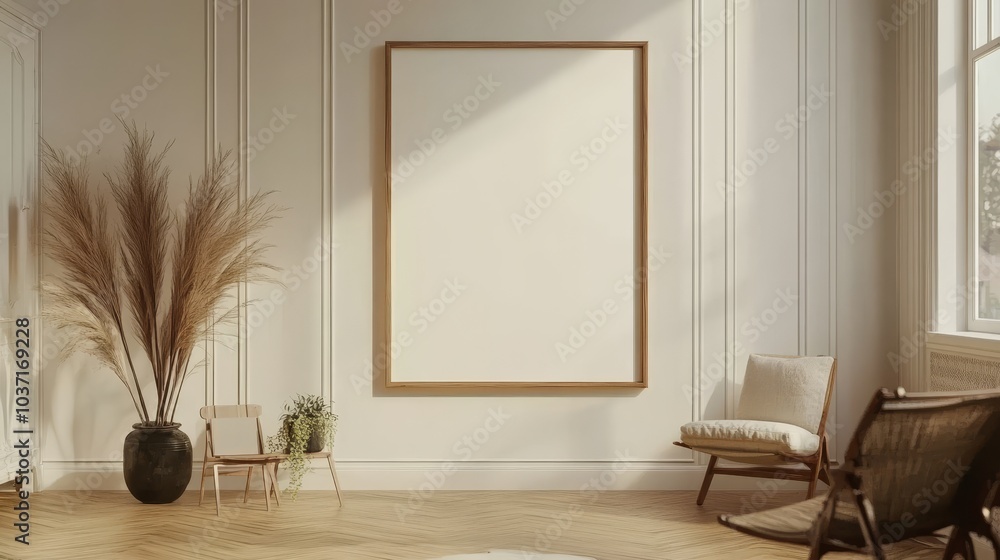 A minimalist room with large blank canvas, white walls, wooden furniture, and elegant pampas grass decor in warm light. A minimalist room with large blank canvas, white walls, wooden furniture, and elegant pampas grass decor in warm light.