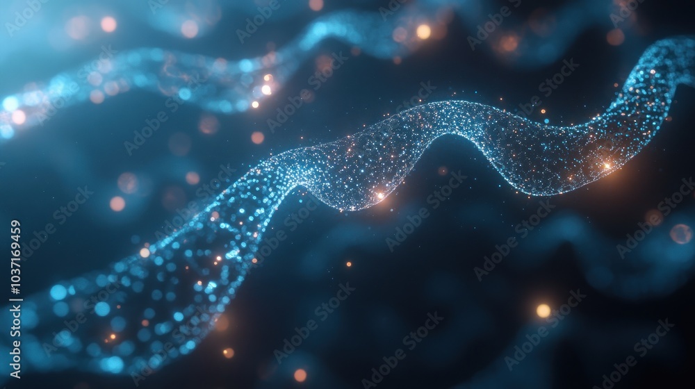 A digital representation of flowing particles resembling waves in a cosmic environment. A digital representation of flowing particles resembling waves in a cosmic environment.