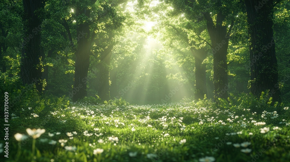 Fototapeta premium Lush forest with sunlight filtering through trees over blooming flowers.
