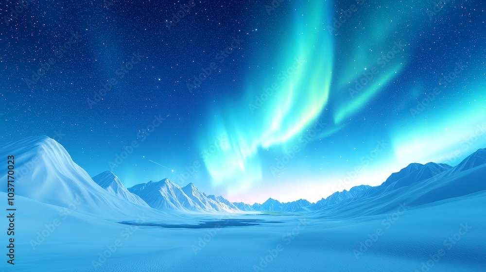 Obraz premium Aurora Borealis Over Snowy Arctic Peaks, Tranquil winter scenery featuring vibrant Northern Lights illuminating a starry sky above serene, desolate snowy mountains during polar night.