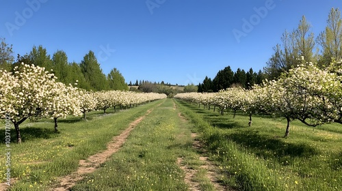 216. A peaceful orchard in full bloom, with rows of flowering trees and a clear blue sky