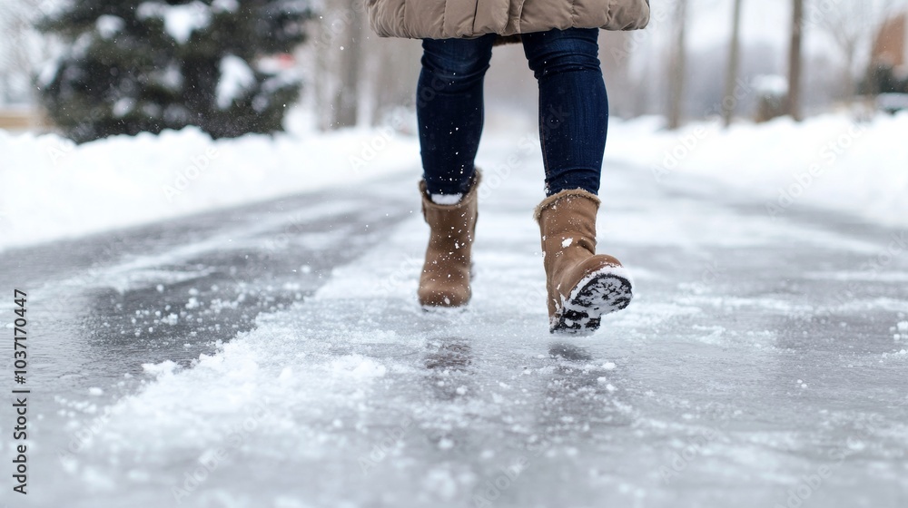 the legs of a person walking on an icy road the legs of a person walking on an icy road
