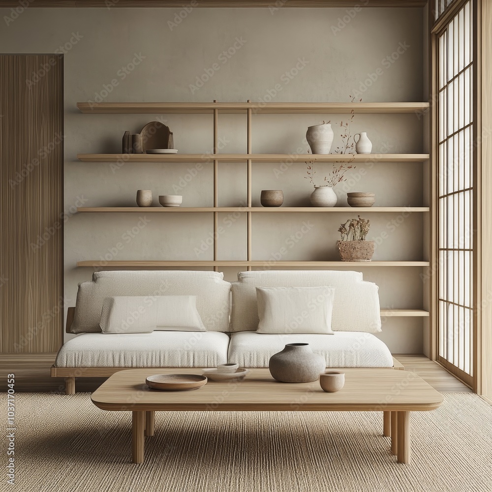 A serene minimalist interior design with beige tones, showcasing elegant furniture and artistic decor elements. A serene minimalist interior design with beige tones, showcasing elegant furniture and artistic decor elements.