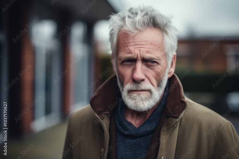 Portrait of a senior man with gray hair and beard wearing a brown coat in an urban setting Portrait of a senior man with gray hair and beard wearing a brown coat in an urban setting