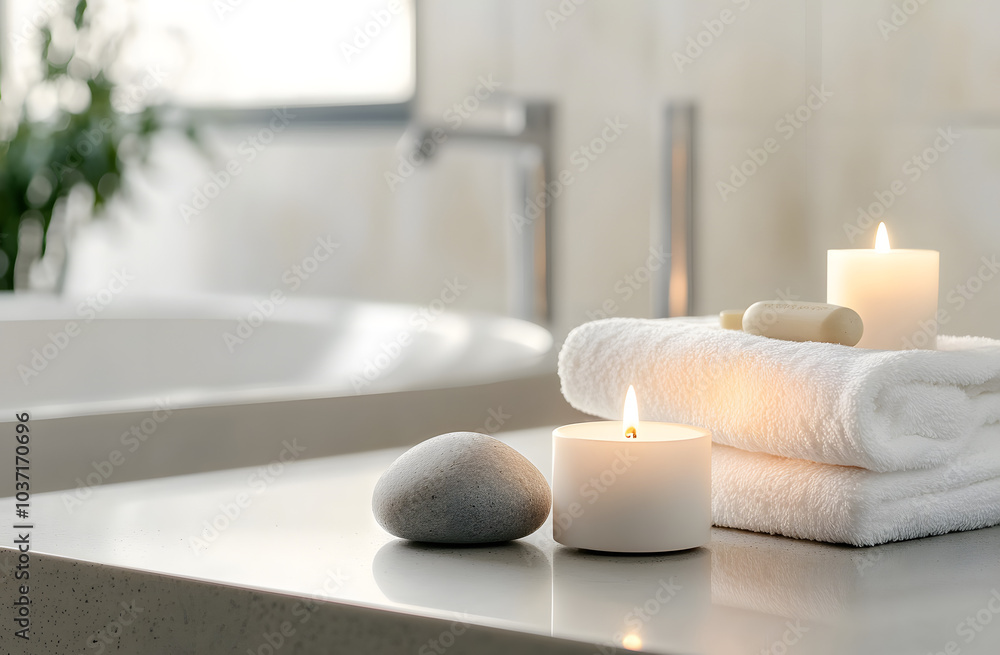 Stones, burning candles, towel and ceramic stand for spa product display on blur bathroom background Stones, burning candles, towel and ceramic stand for spa product display on blur bathroom background
