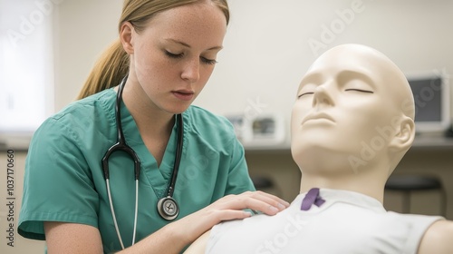 medical student practicing using a stethoscope on a mannequin in a simulation lab, representing hands-on learning in healthcare education