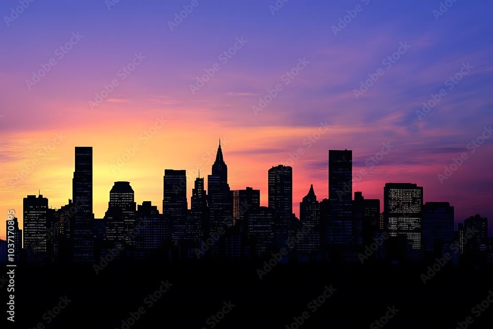 Silhouetted City Skyline with a Vibrant Sunset Sky Silhouetted City Skyline with a Vibrant Sunset Sky