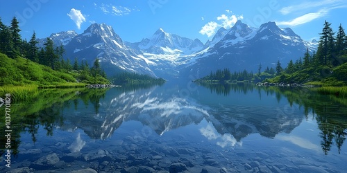 Wallpaper Mural Stunning mountain landscape featuring snow-capped peaks reflected in a serene lake, surrounded by lush greenery under a clear blue sky. Torontodigital.ca