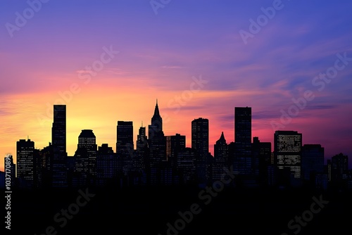 Silhouetted City Skyline with a Vibrant Sunset Sky