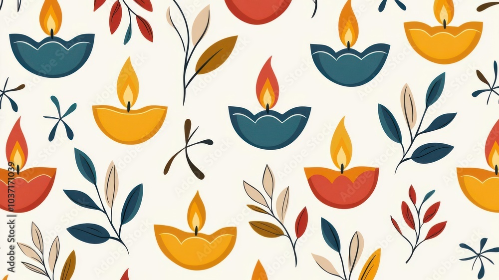 A vibrant pattern featuring decorative oil lamps surrounded by colorful leaves and flowers, ideal for festive or cultural themes. A vibrant pattern featuring decorative oil lamps surrounded by colorful leaves and flowers, ideal for festive or cultural themes.