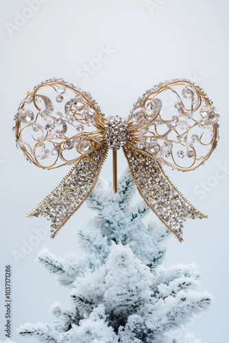 Christmas tree topper shaped like a bow, made of wire and adorned with sparkling crystal beads. The bow sits atop a frosted, snow-covered tree, adding an elegant and glamorous touch photo