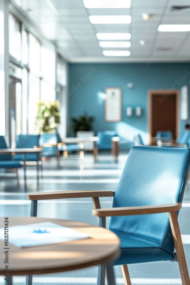A modern waiting area featuring blue chairs and a calm atmosphere. A modern waiting area featuring blue chairs and a calm atmosphere.