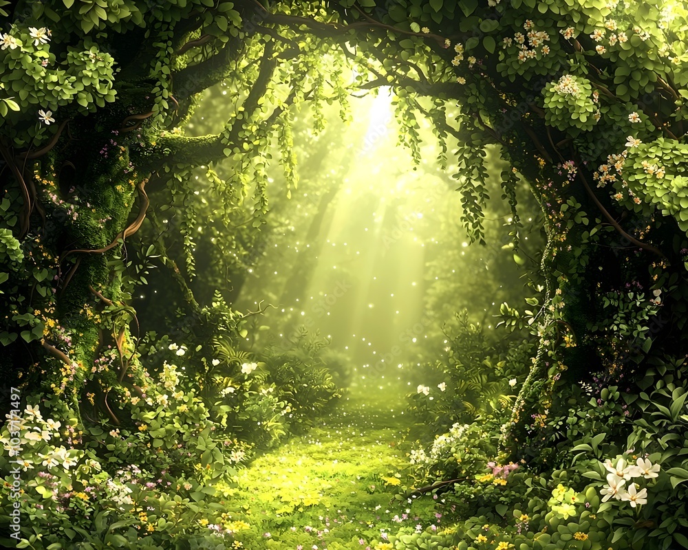Obraz premium A serene forest scene with sunlight streaming through lush green trees, illuminated by floating particles, creating a tranquil and enchanting atmosphere.