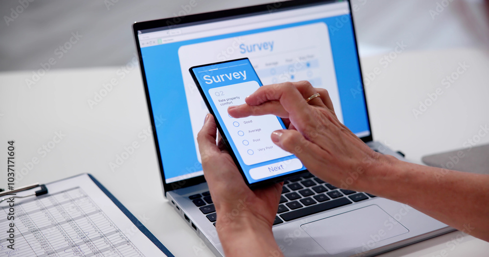 Close-up Of Person Filling Online Survey Form Close-up Of Person Filling Online Survey Form