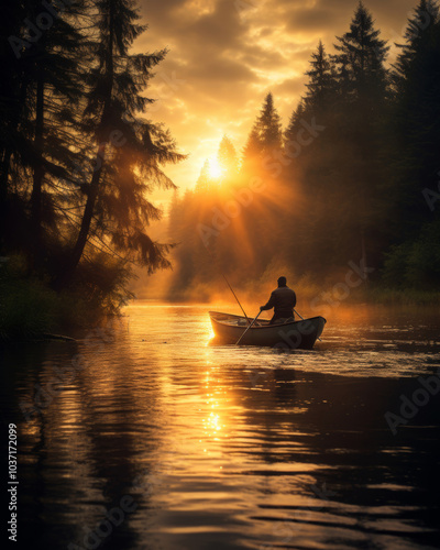 A fisherman is boating on a lake in the woods