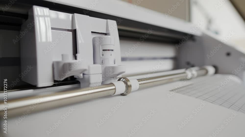 The process of cutting paper with a cnc plotter. The cnc machine automatically cuts shapes from paper with a built-in knife