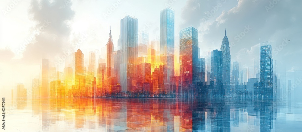 A vibrant city skyline reflecting in water, showcasing modern architecture and a colorful sunset. A vibrant city skyline reflecting in water, showcasing modern architecture and a colorful sunset.