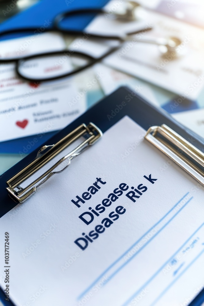 Document related to heart disease risk assessment with medical tools in the background. Document related to heart disease risk assessment with medical tools in the background.