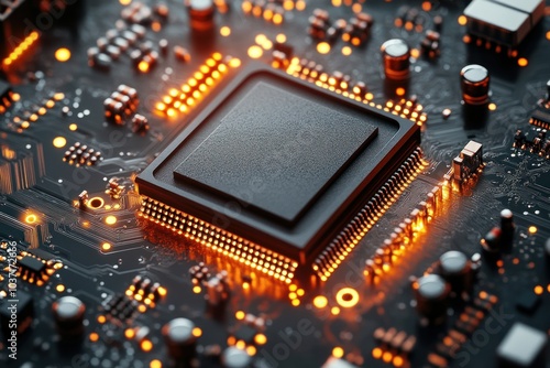Close-up of a microprocessor on a circuit board with glowing connections.