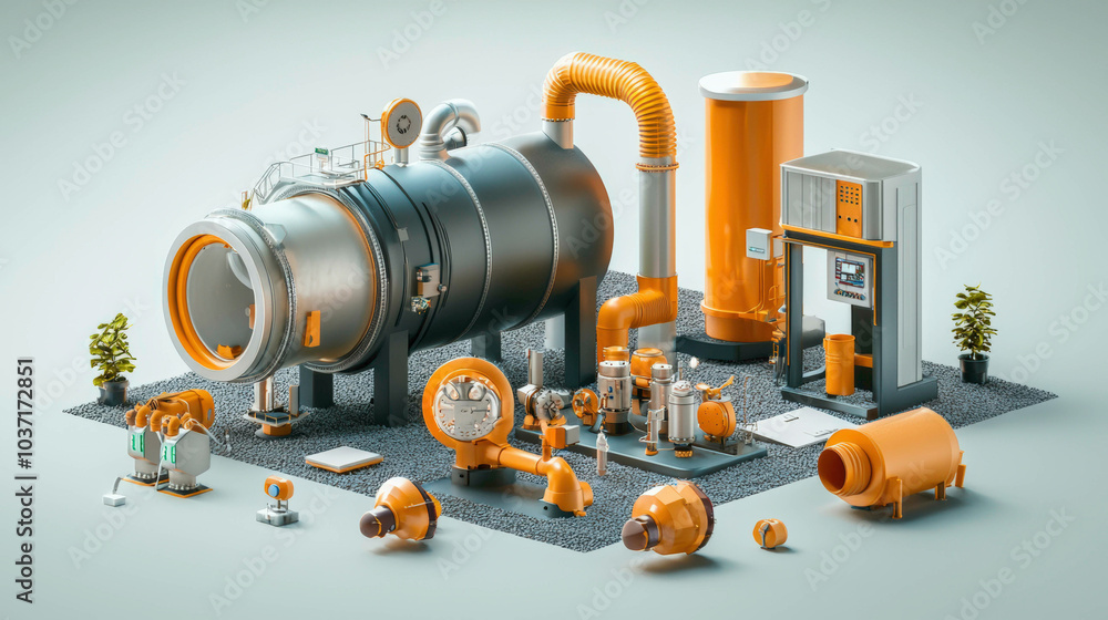 A vibrant industrial setup featuring pipes, tanks, and machinery, showcasing an orange and gray color scheme with meticulous detail. A vibrant industrial setup featuring pipes, tanks, and machinery, showcasing an orange and gray color scheme with meticulous detail.