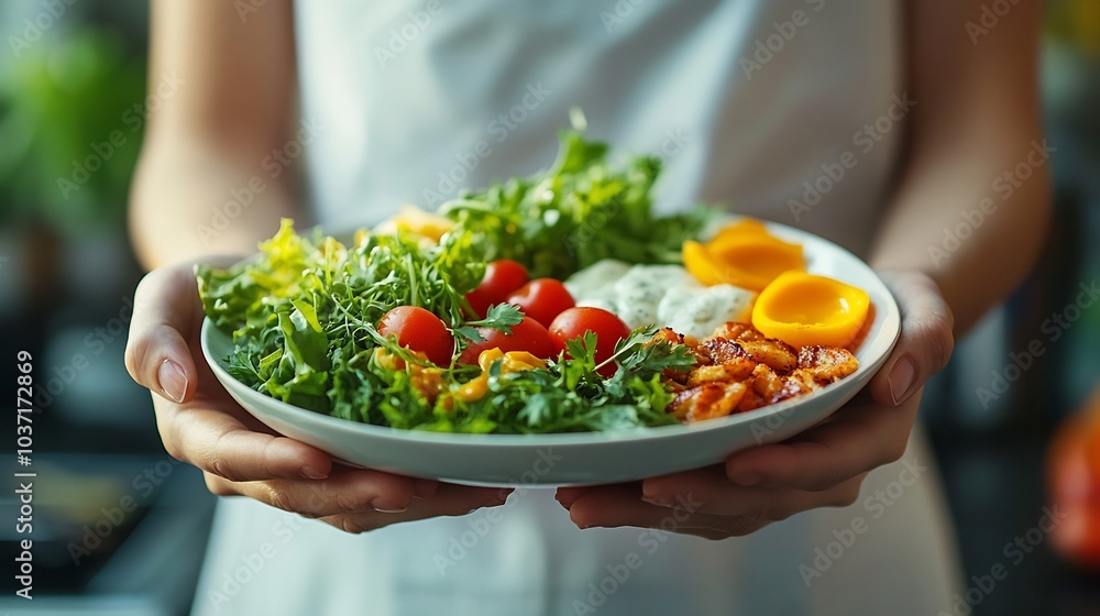 Person serving a balanced brunch with dietfriendly foods against a clean background